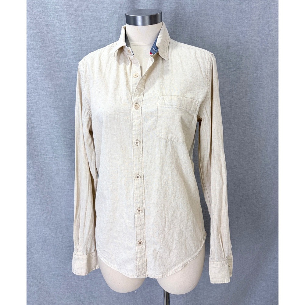 United Colors of Benetton Shirt S Beige Cotton Linen Blend Long Sleeve Button Up